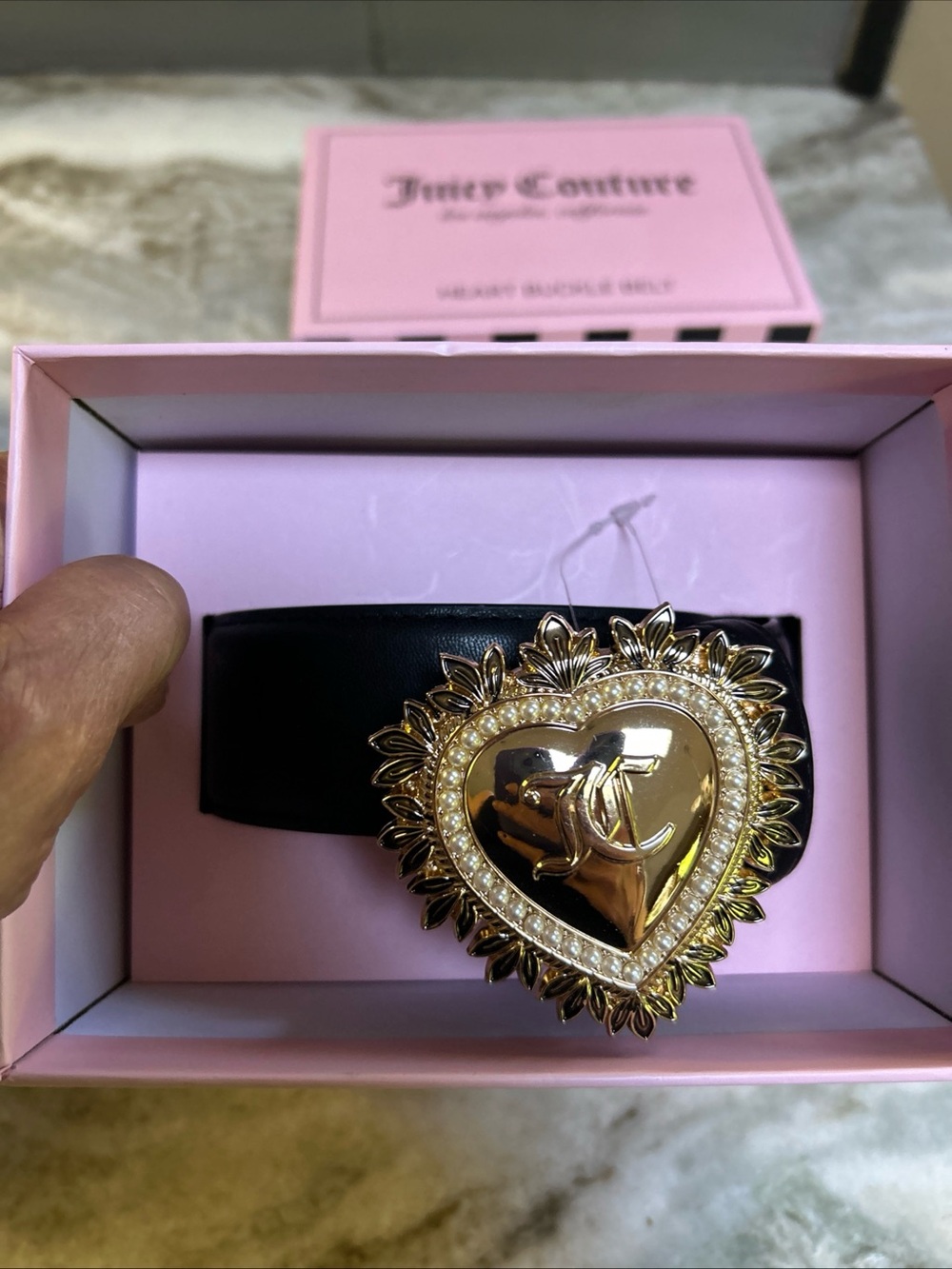 JUICY COUTURE HEART buckle Pearl & GOLD FAUX LEATHER BLACK SZ L/XL NEW WOMEN